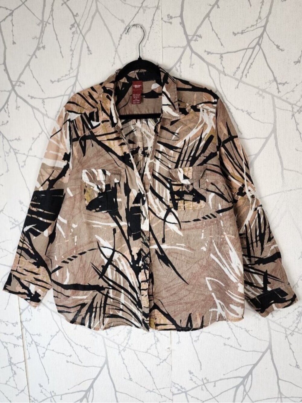 Olsen Abstract Artsy Printed 100% Linen Button Front V-Neck Blouse